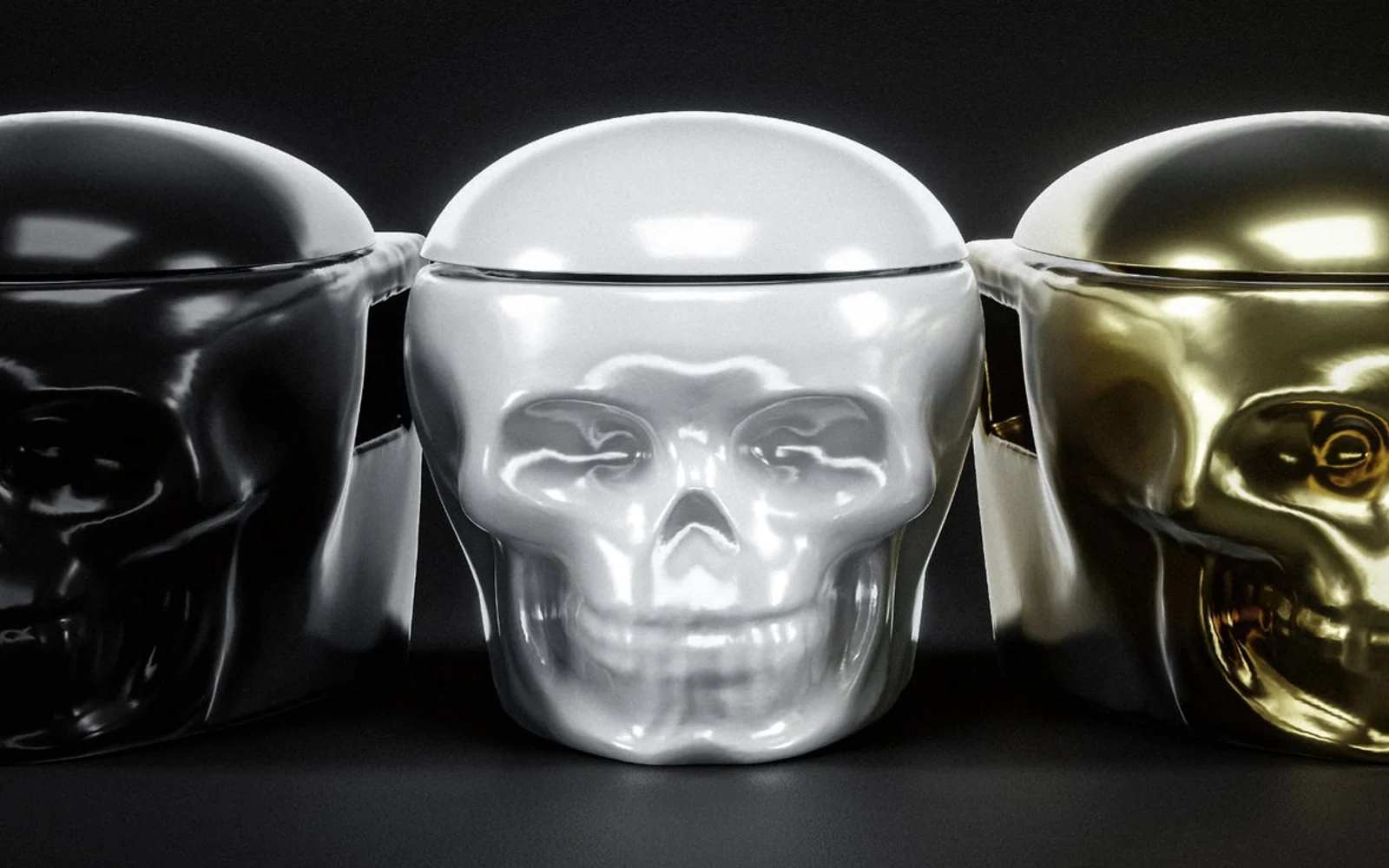 Skullpot — black, white and gold skull-shaped luxury toilets in a row on a black background